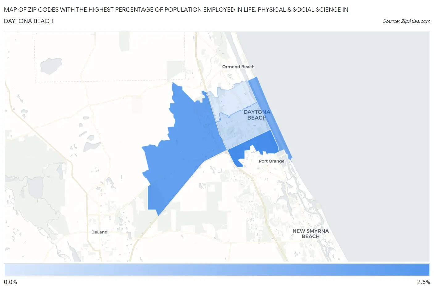 Zip Codes with the Highest Percentage of Population Employed in Life, Physical & Social Science in Daytona Beach Map