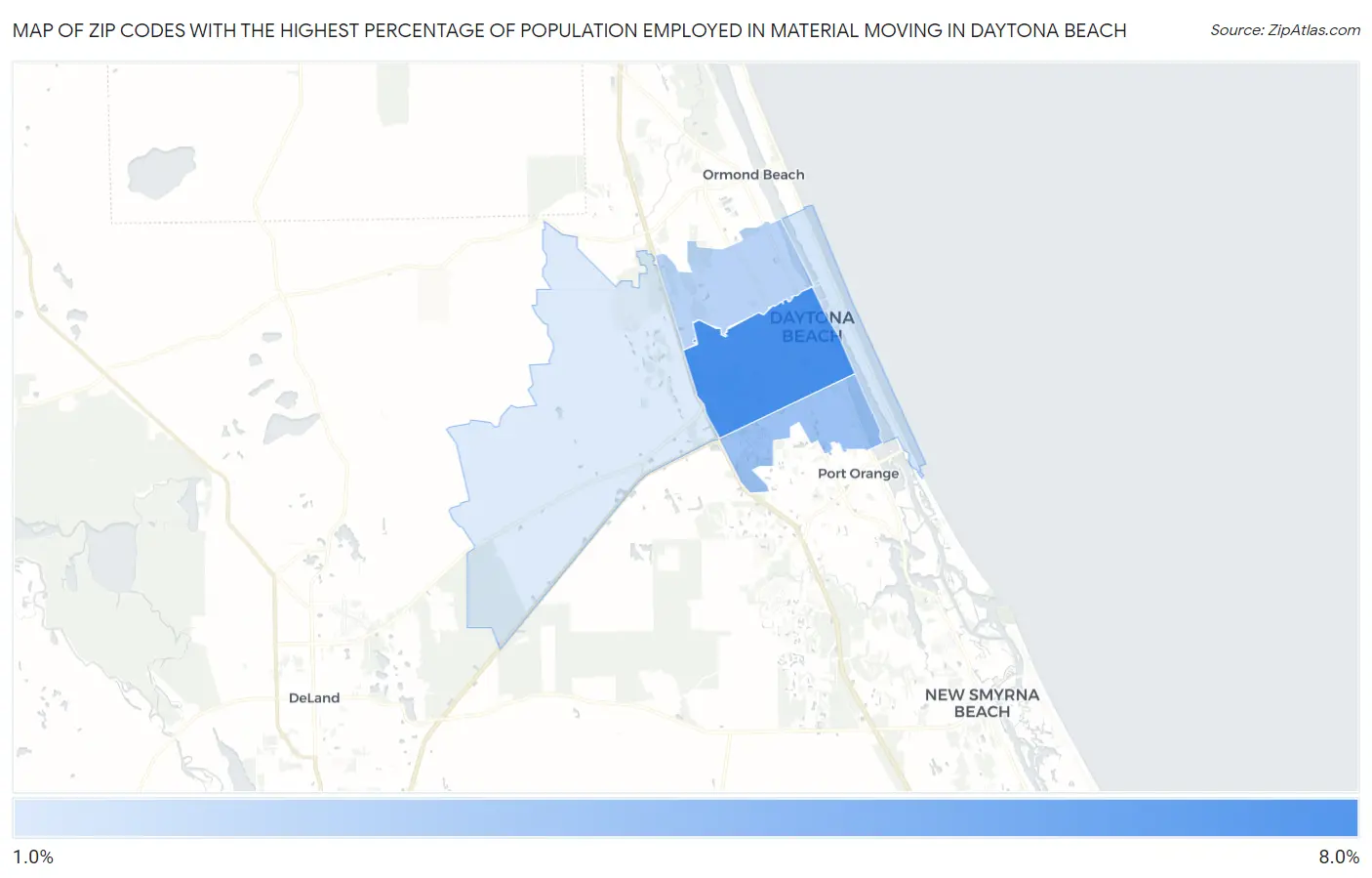 Zip Codes with the Highest Percentage of Population Employed in Material Moving in Daytona Beach Map