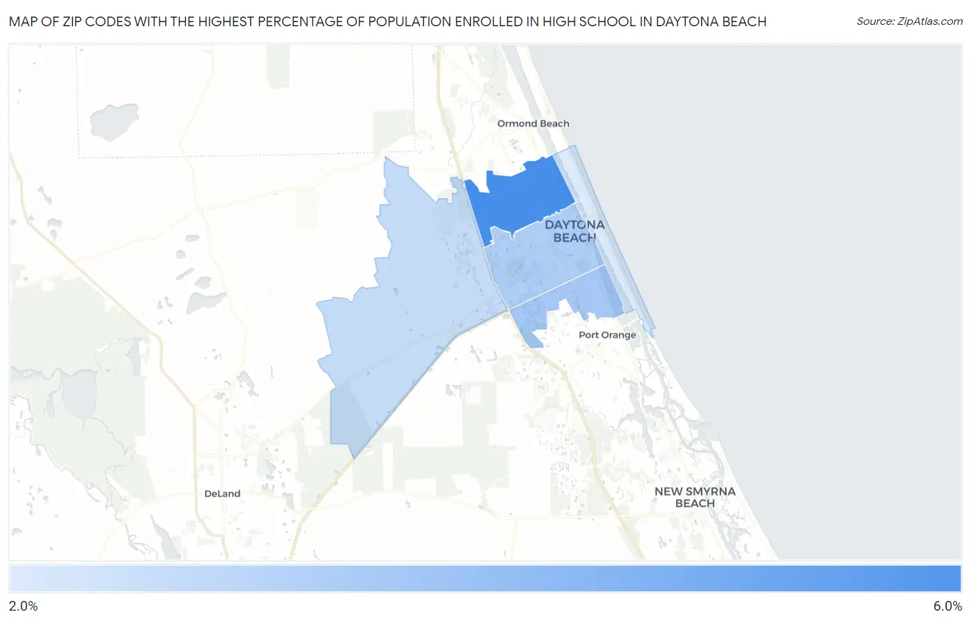 Zip Codes with the Highest Percentage of Population Enrolled in High School in Daytona Beach Map