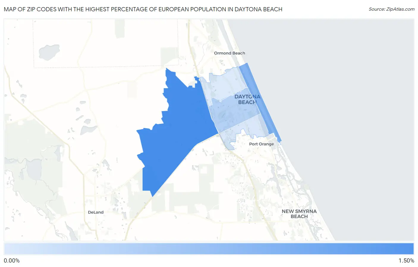 Zip Codes with the Highest Percentage of European Population in Daytona Beach Map