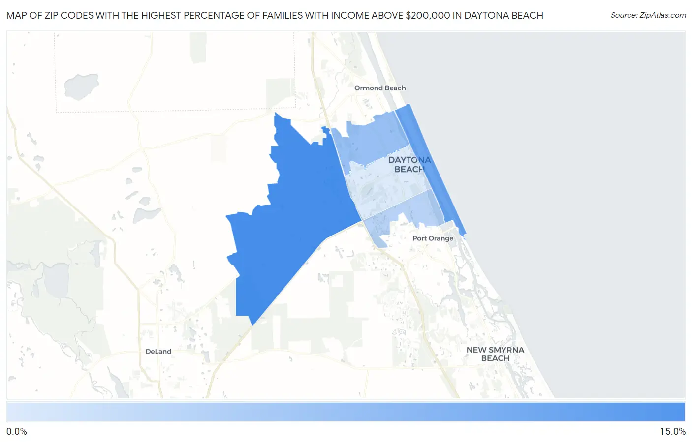 Zip Codes with the Highest Percentage of Families with Income Above $200,000 in Daytona Beach Map
