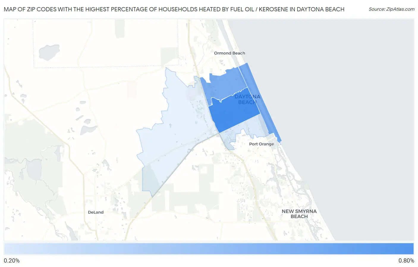 Zip Codes with the Highest Percentage of Households Heated by Fuel Oil / Kerosene in Daytona Beach Map