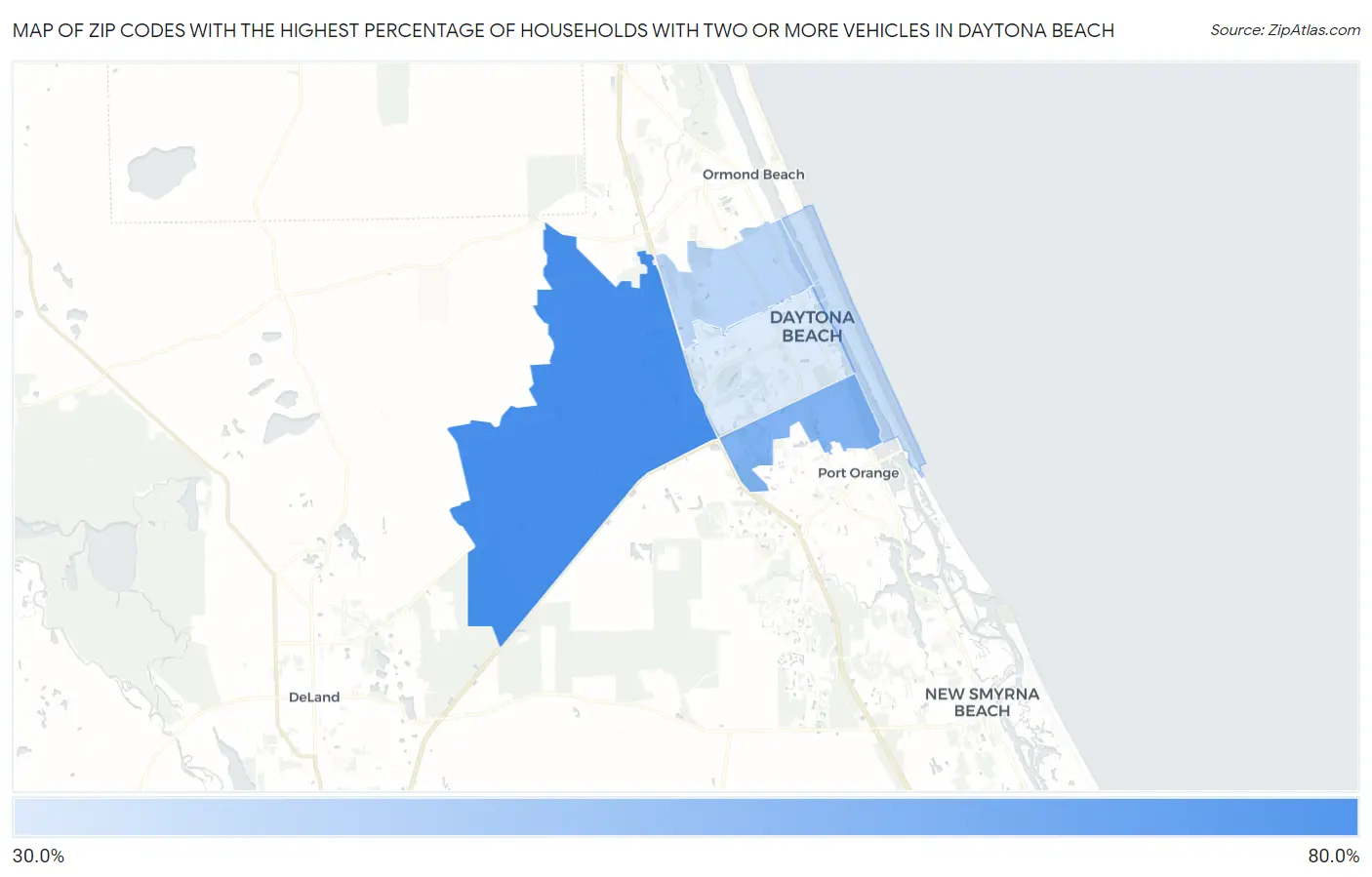 Zip Codes with the Highest Percentage of Households With Two or more Vehicles in Daytona Beach Map