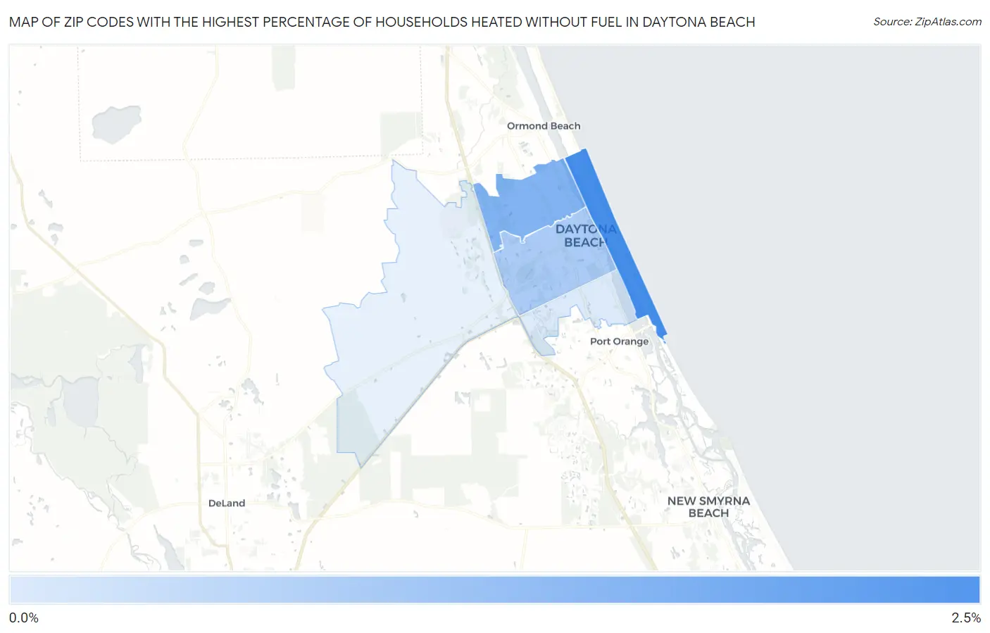 Zip Codes with the Highest Percentage of Households Heated without Fuel in Daytona Beach Map