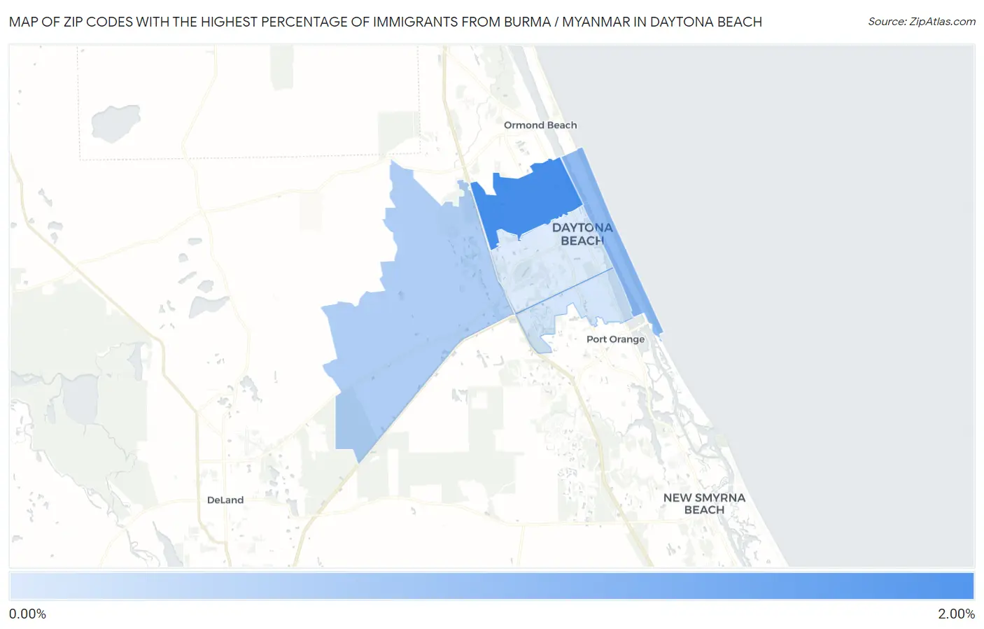 Zip Codes with the Highest Percentage of Immigrants from Burma / Myanmar in Daytona Beach Map