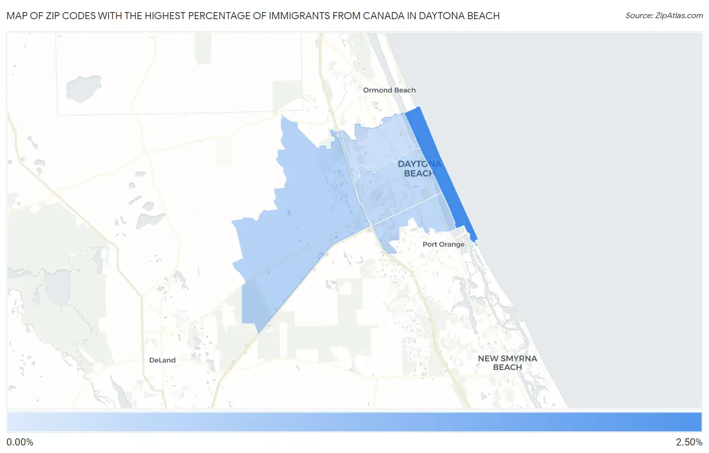 Zip Codes with the Highest Percentage of Immigrants from Canada in Daytona Beach Map