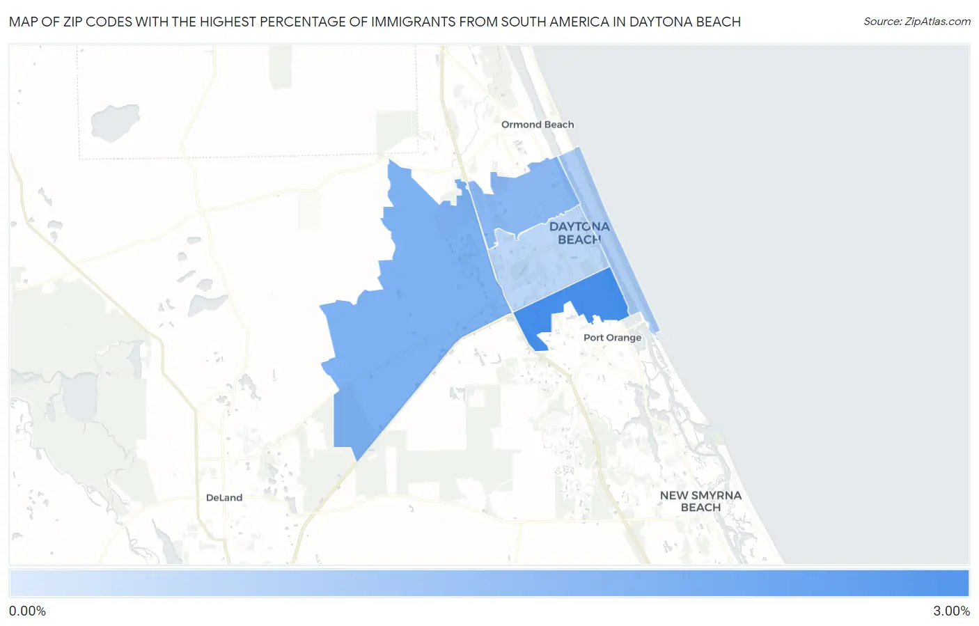 Zip Codes with the Highest Percentage of Immigrants from South America in Daytona Beach Map