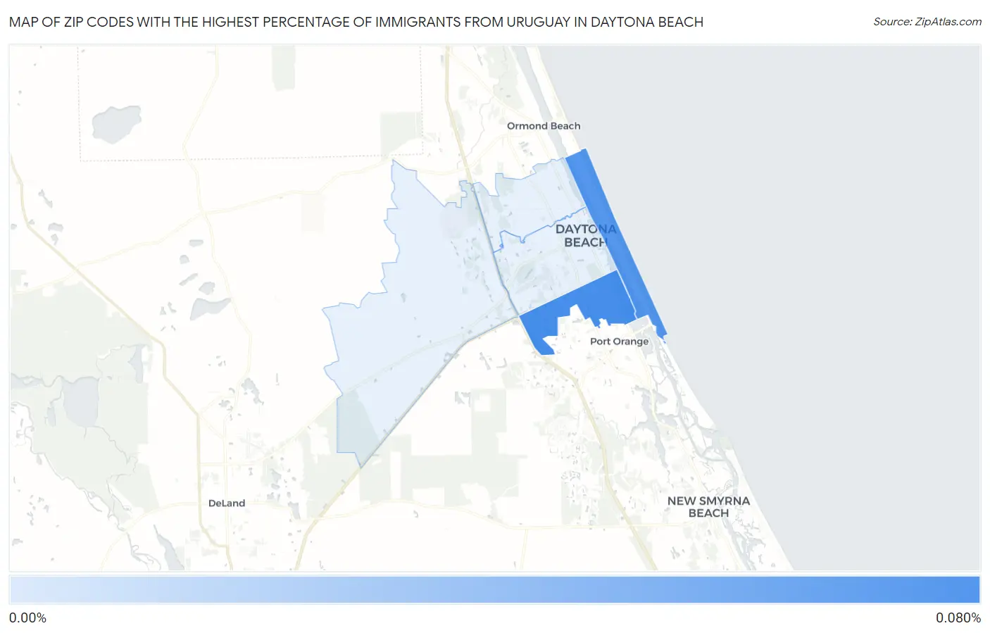 Zip Codes with the Highest Percentage of Immigrants from Uruguay in Daytona Beach Map