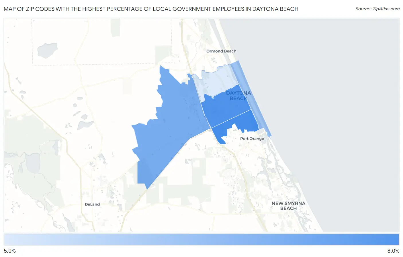 Zip Codes with the Highest Percentage of Local Government Employees in Daytona Beach Map