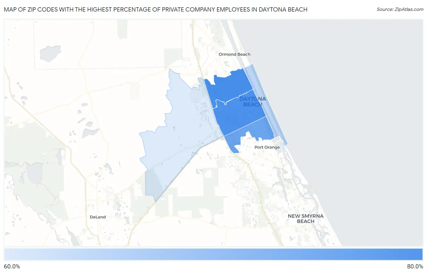 Zip Codes with the Highest Percentage of Private Company Employees in Daytona Beach Map