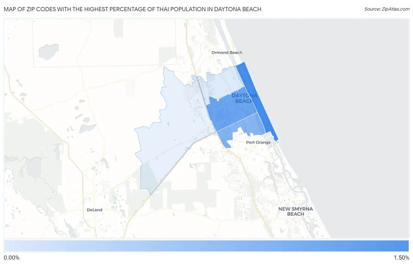 Zip Codes with the Highest Percentage of Thai Population in Daytona Beach Map