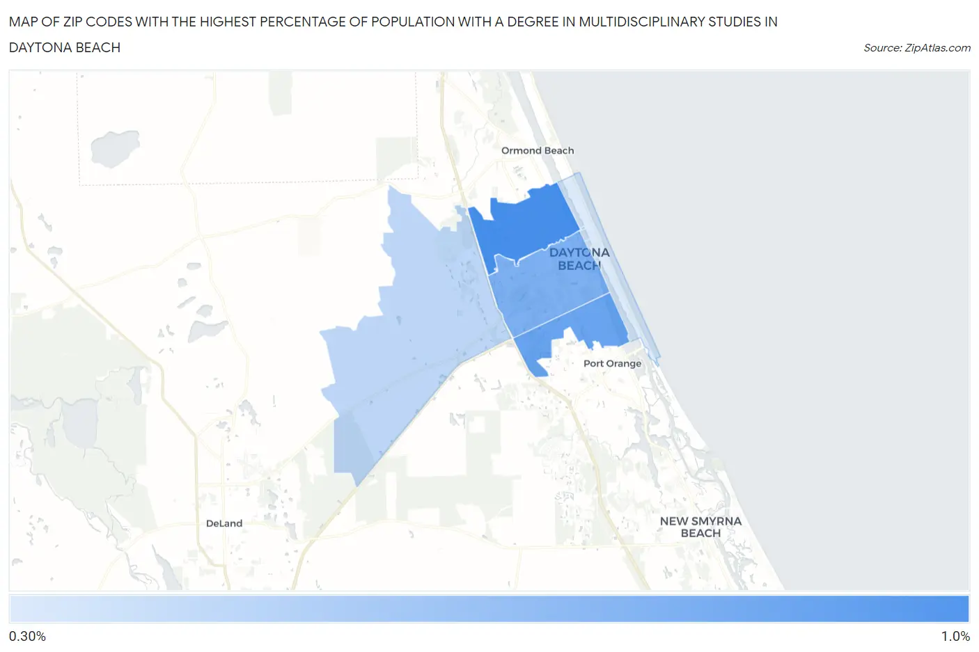 Zip Codes with the Highest Percentage of Population with a Degree in Multidisciplinary Studies in Daytona Beach Map