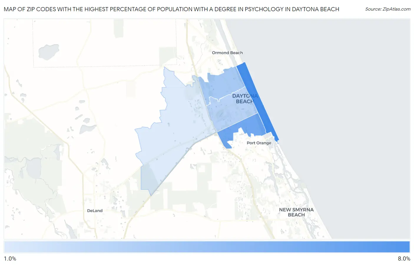Zip Codes with the Highest Percentage of Population with a Degree in Psychology in Daytona Beach Map