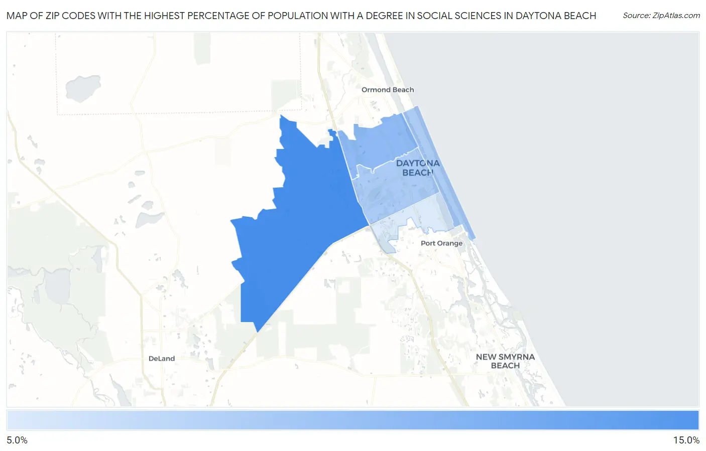 Zip Codes with the Highest Percentage of Population with a Degree in Social Sciences in Daytona Beach Map