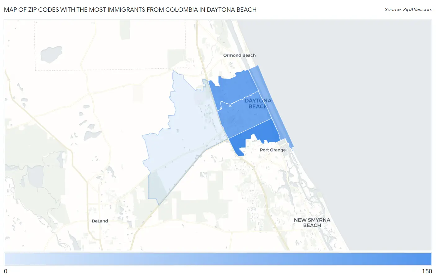 Zip Codes with the Most Immigrants from Colombia in Daytona Beach Map