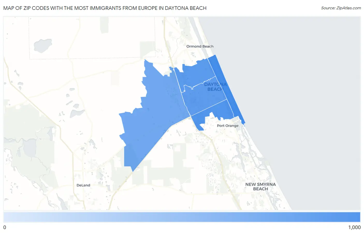 Zip Codes with the Most Immigrants from Europe in Daytona Beach Map