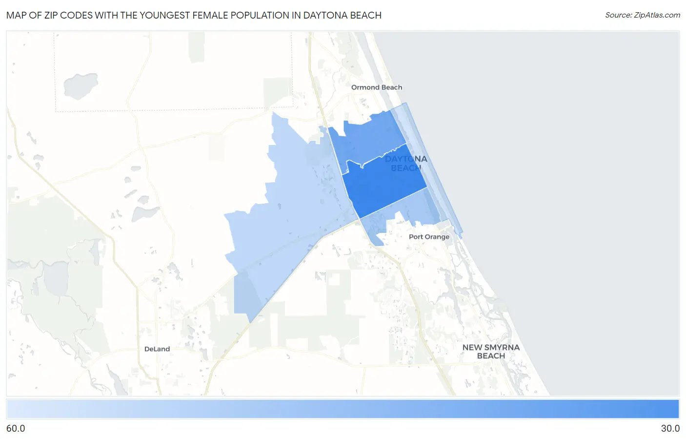 Zip Codes with the Youngest Female Population in Daytona Beach Map