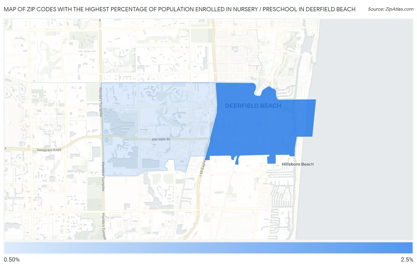 Zip Codes with the Highest Percentage of Population Enrolled in Nursery / Preschool in Deerfield Beach Map