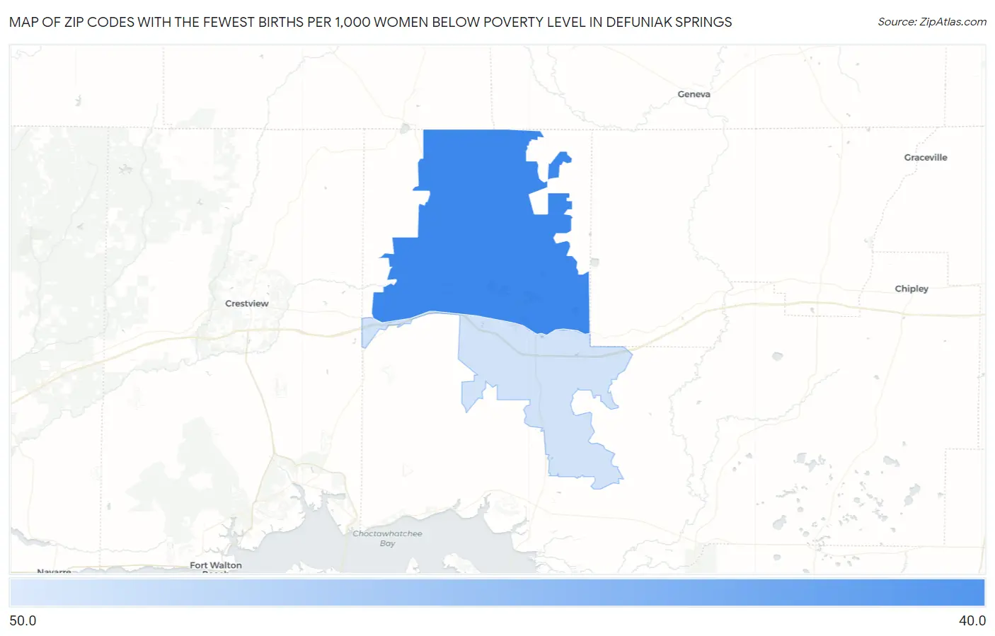 Zip Codes with the Fewest Births per 1,000 Women Below Poverty Level in Defuniak Springs Map