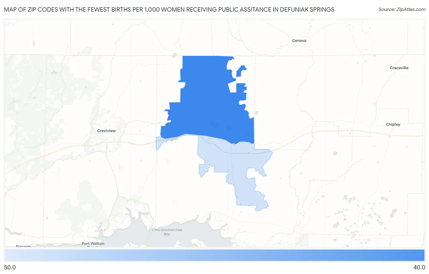 Zip Codes with the Fewest Births per 1,000 Women Receiving Public Assitance in Defuniak Springs Map