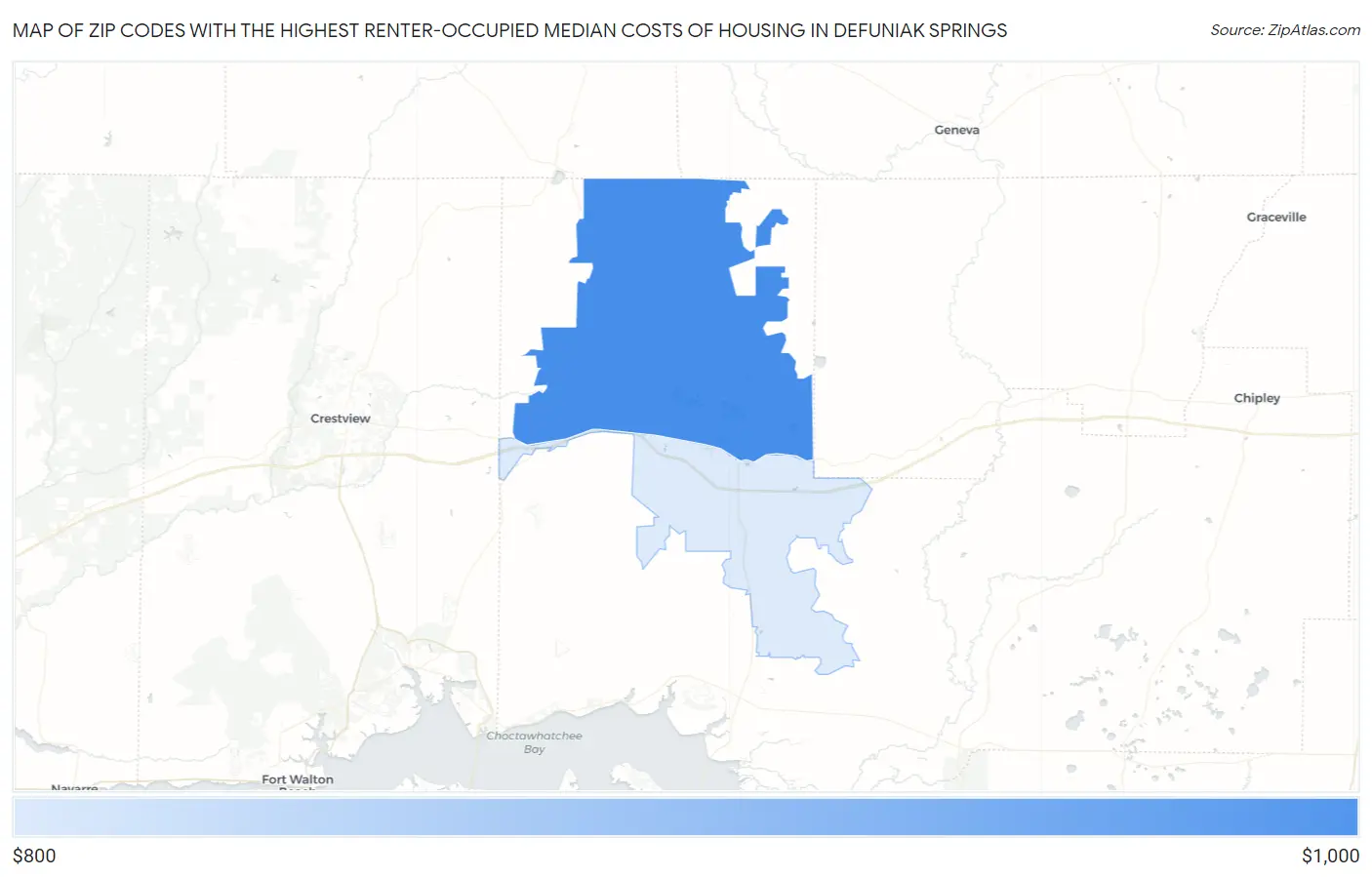 Zip Codes with the Highest Renter-Occupied Median Costs of Housing in Defuniak Springs Map