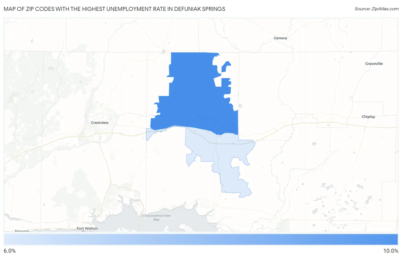 Zip Codes with the Highest Unemployment Rate in Defuniak Springs Map