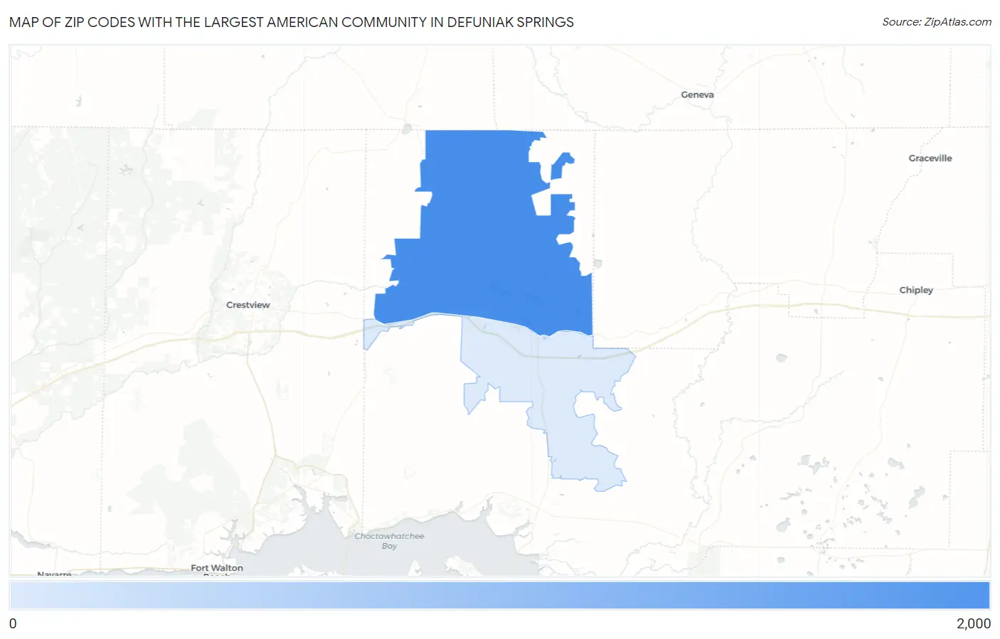 Zip Codes with the Largest American Community in Defuniak Springs Map