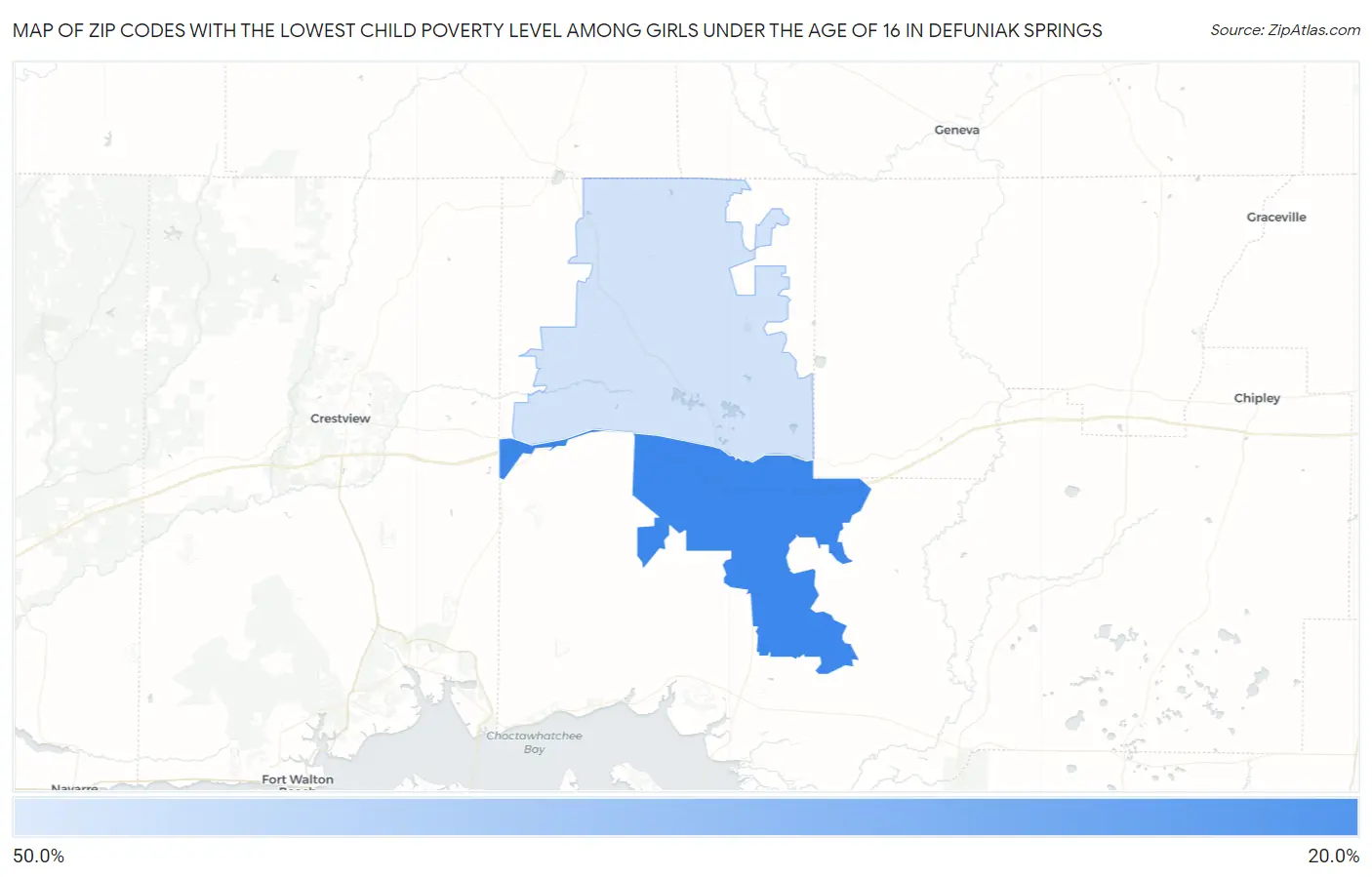 Zip Codes with the Lowest Child Poverty Level Among Girls Under the Age of 16 in Defuniak Springs Map