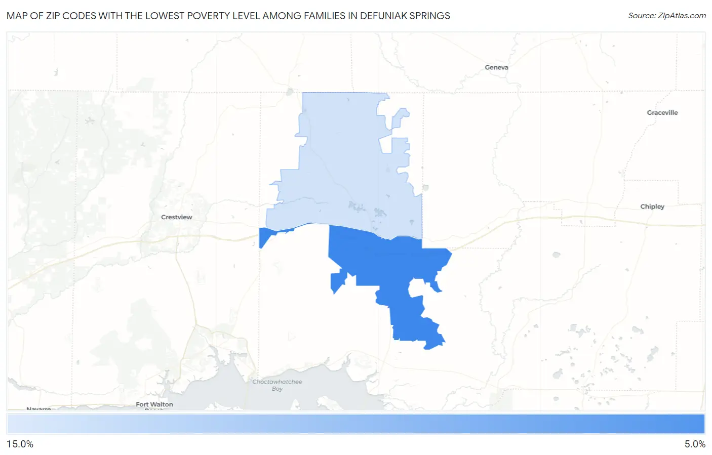 Zip Codes with the Lowest Poverty Level Among Families in Defuniak Springs Map