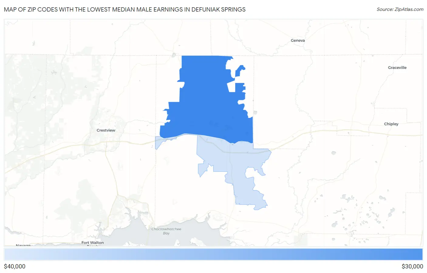 Zip Codes with the Lowest Median Male Earnings in Defuniak Springs Map