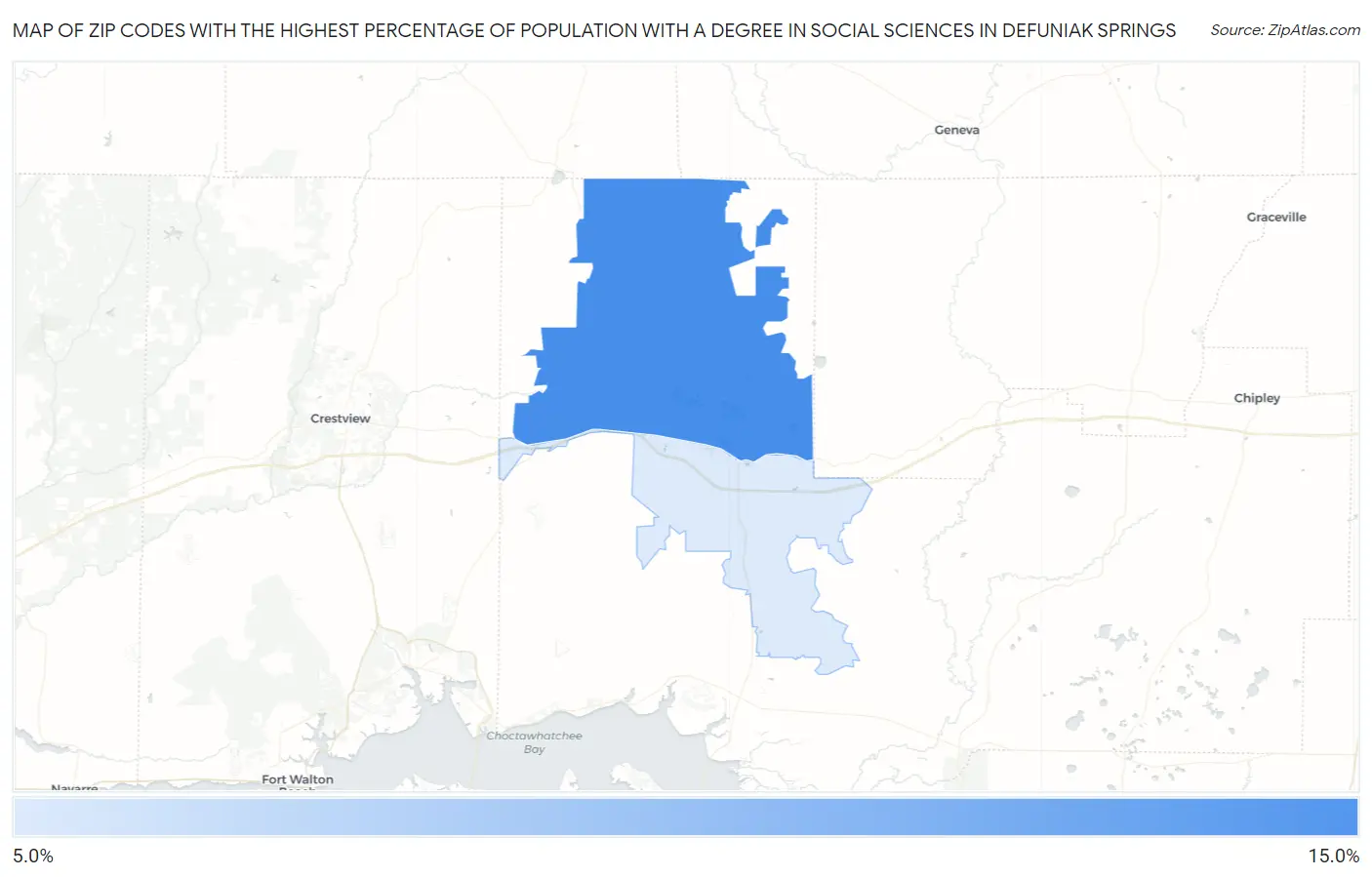 Zip Codes with the Highest Percentage of Population with a Degree in Social Sciences in Defuniak Springs Map