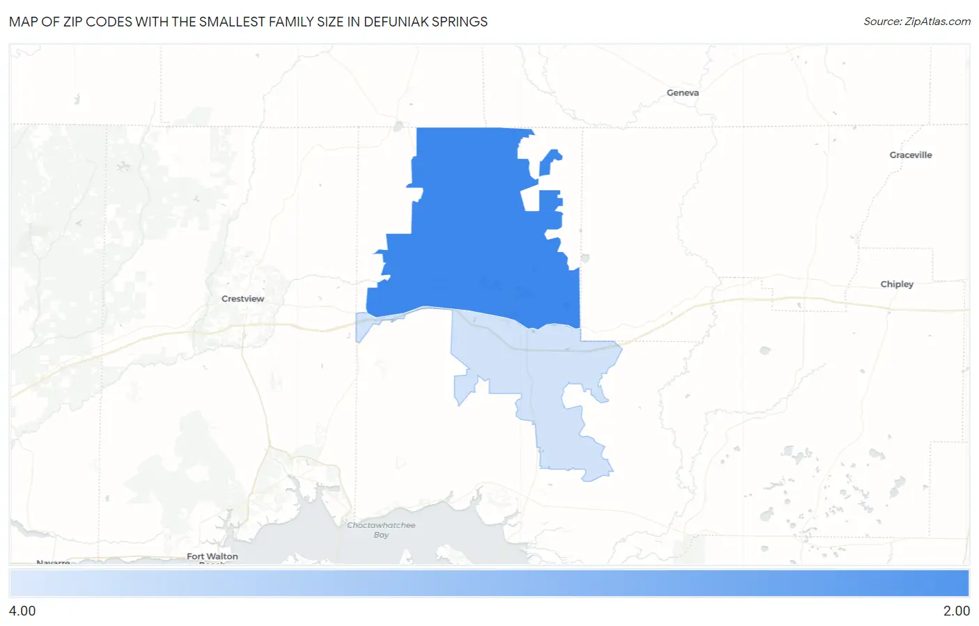 Zip Codes with the Smallest Family Size in Defuniak Springs Map