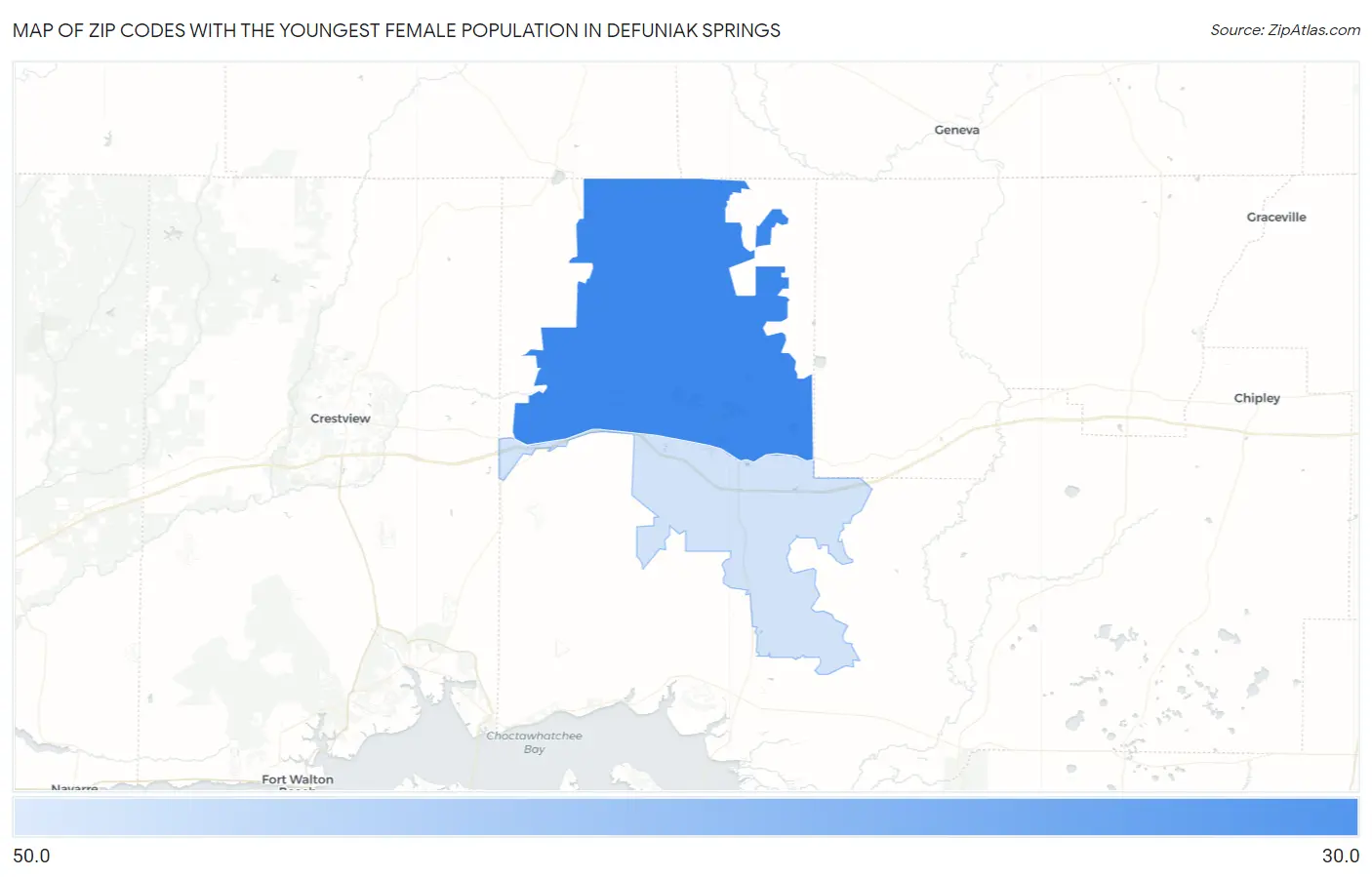 Zip Codes with the Youngest Female Population in Defuniak Springs Map