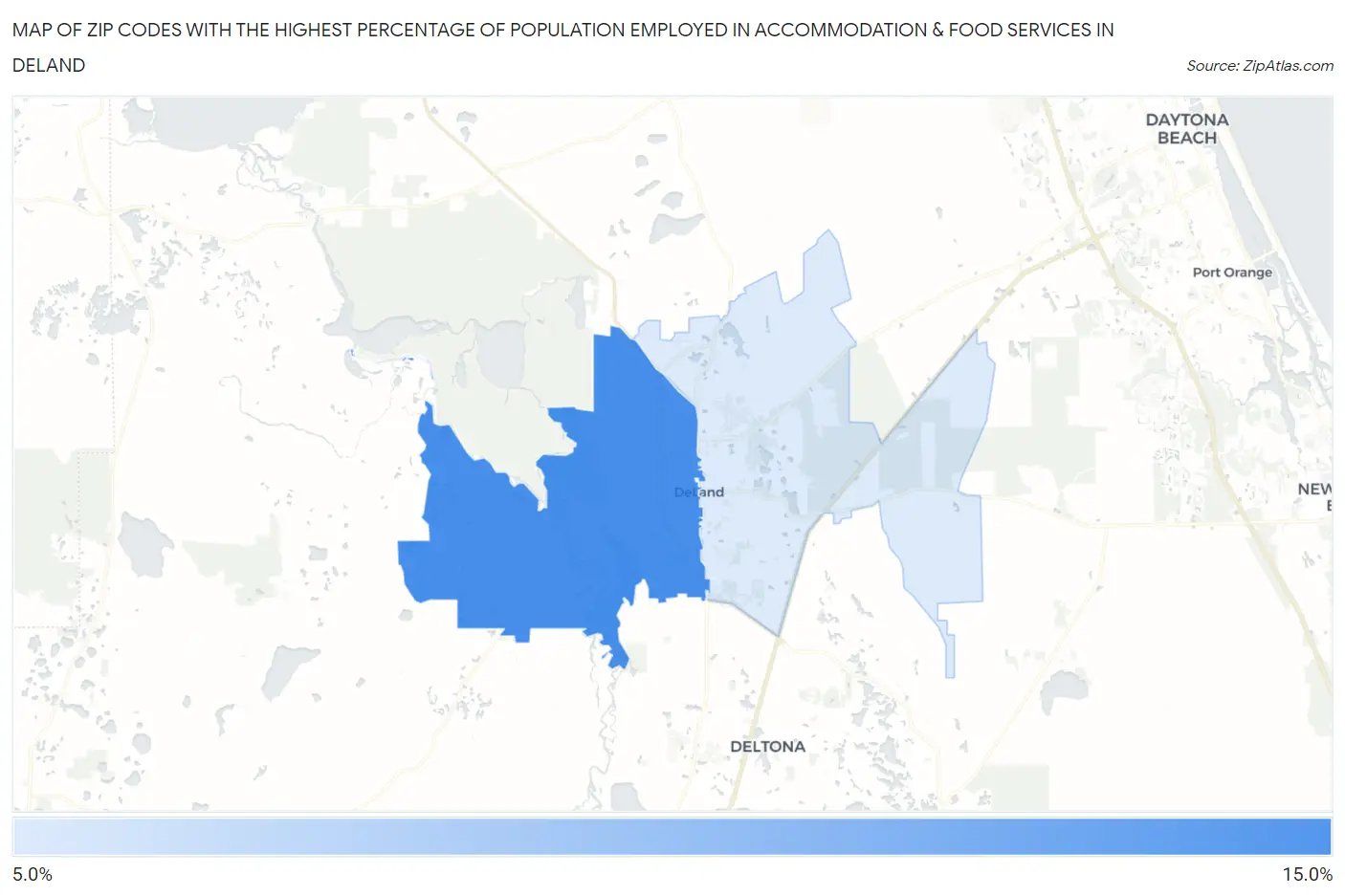 Zip Codes with the Highest Percentage of Population Employed in Accommodation & Food Services in Deland Map