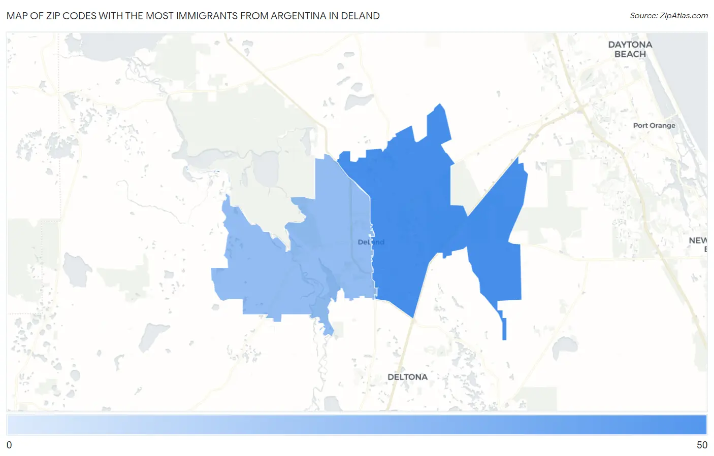Zip Codes with the Most Immigrants from Argentina in Deland Map