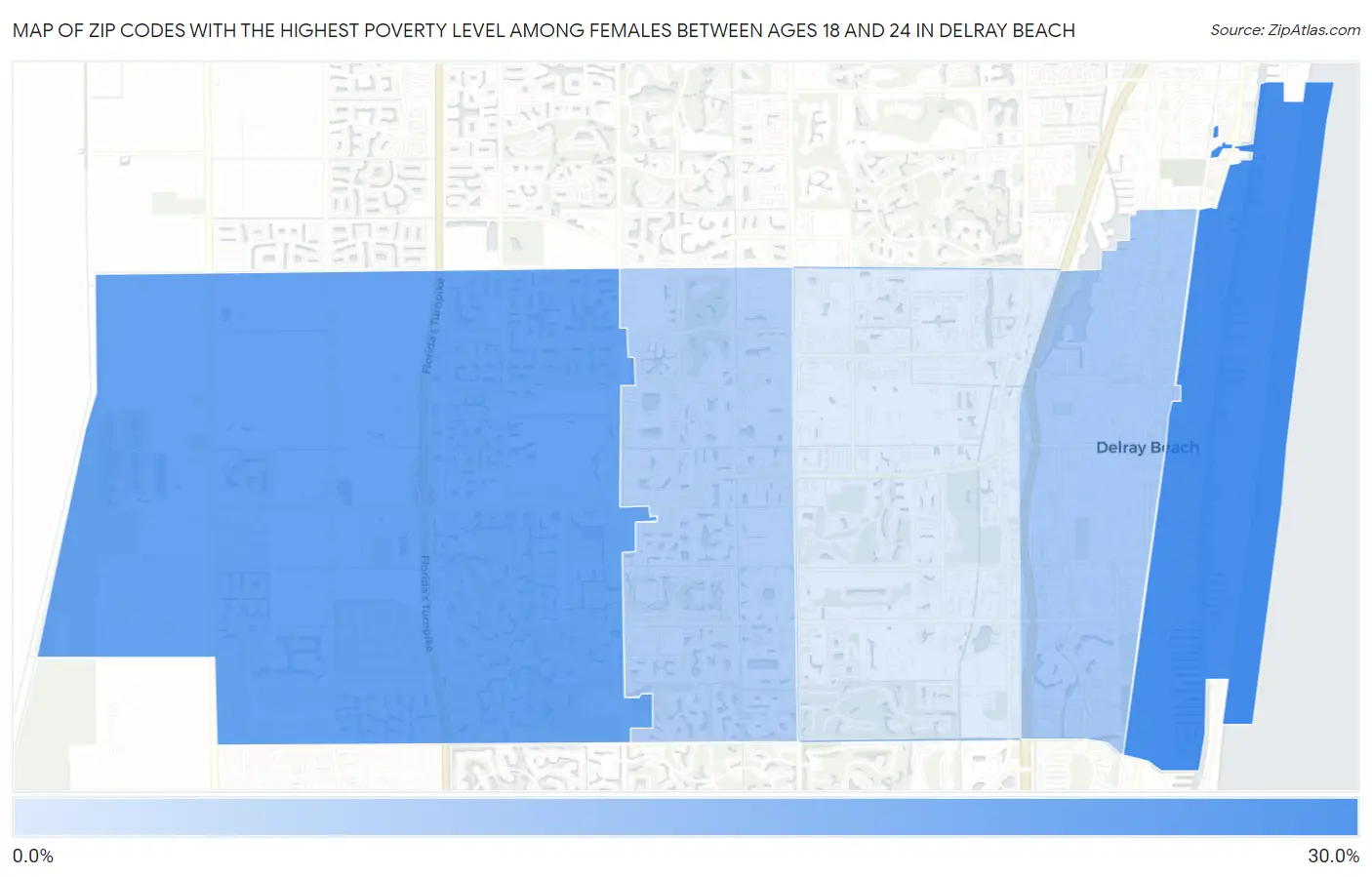 Zip Codes with the Highest Poverty Level Among Females Between Ages 18 and 24 in Delray Beach Map