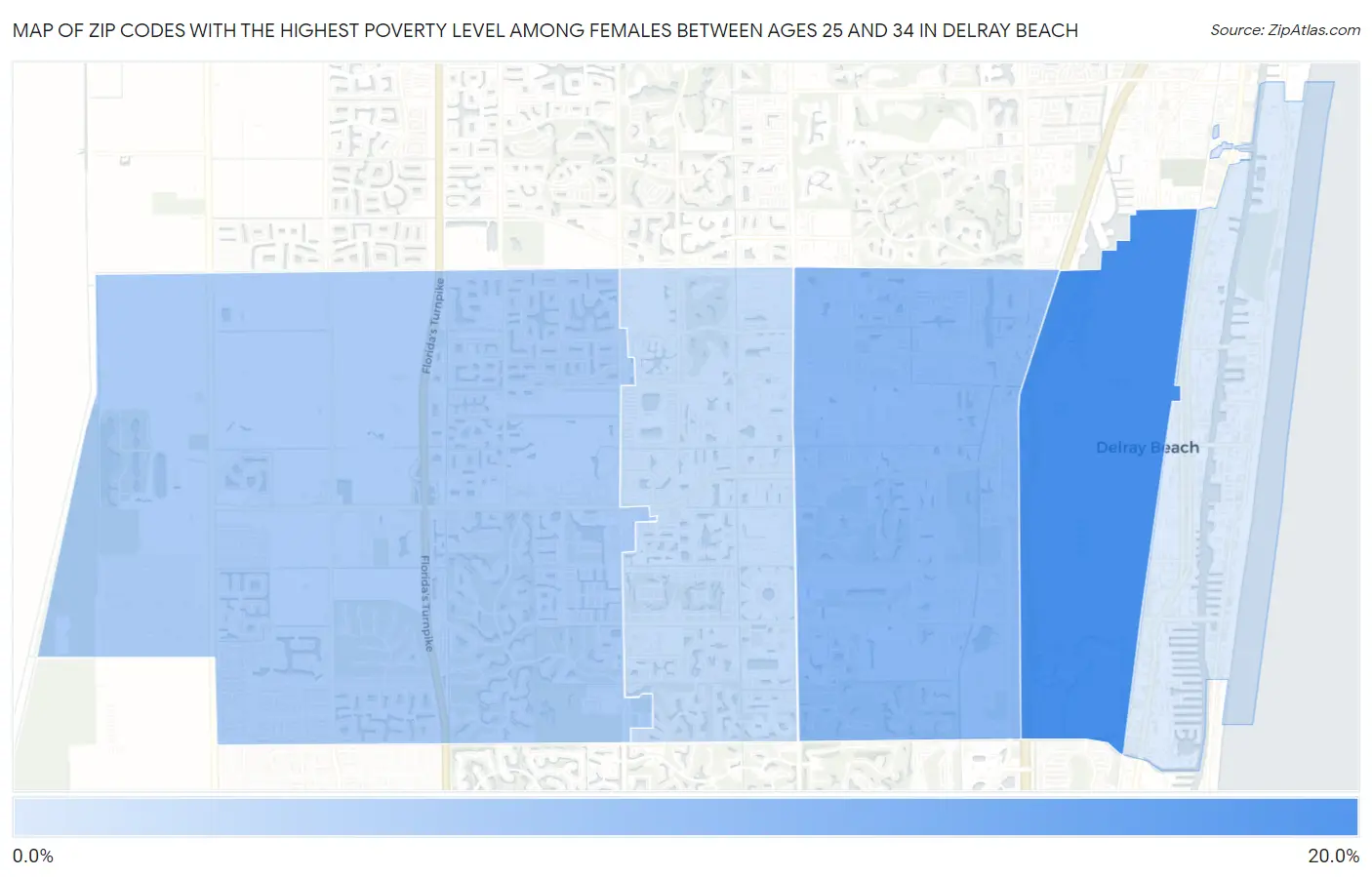 Zip Codes with the Highest Poverty Level Among Females Between Ages 25 and 34 in Delray Beach Map