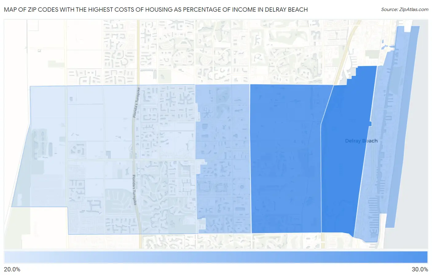 Zip Codes with the Highest Costs of Housing as Percentage of Income in Delray Beach Map