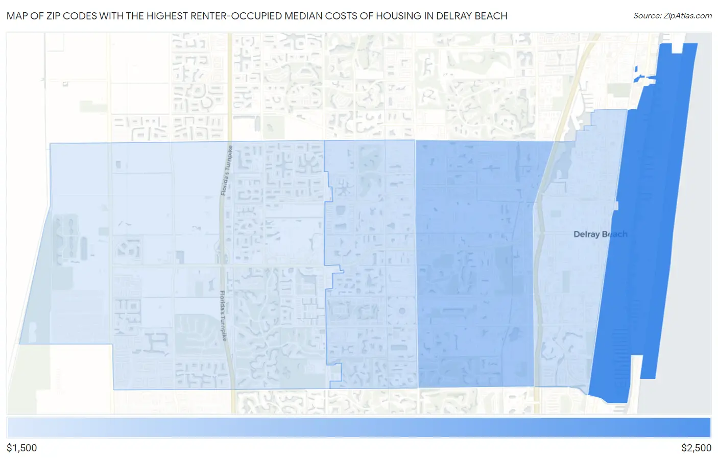 Zip Codes with the Highest Renter-Occupied Median Costs of Housing in Delray Beach Map