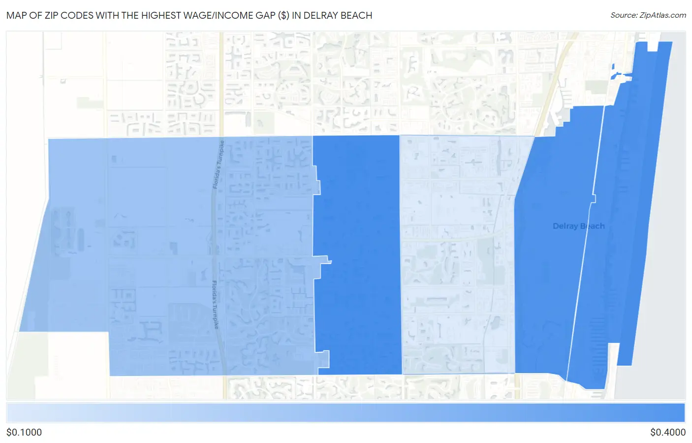 Zip Codes with the Highest Wage/Income Gap ($) in Delray Beach Map