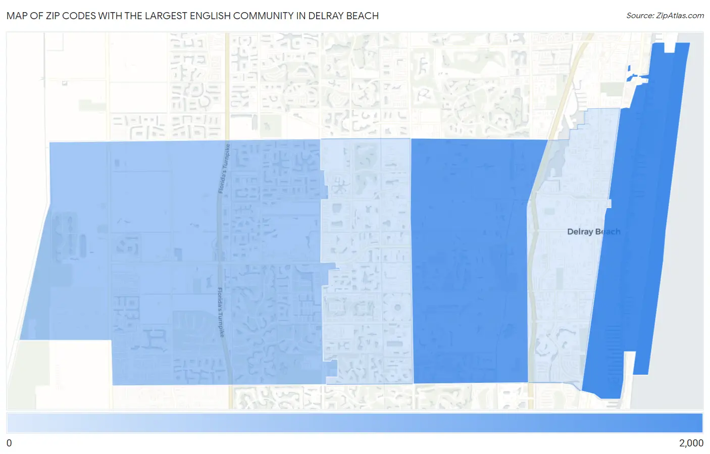 Zip Codes with the Largest English Community in Delray Beach Map
