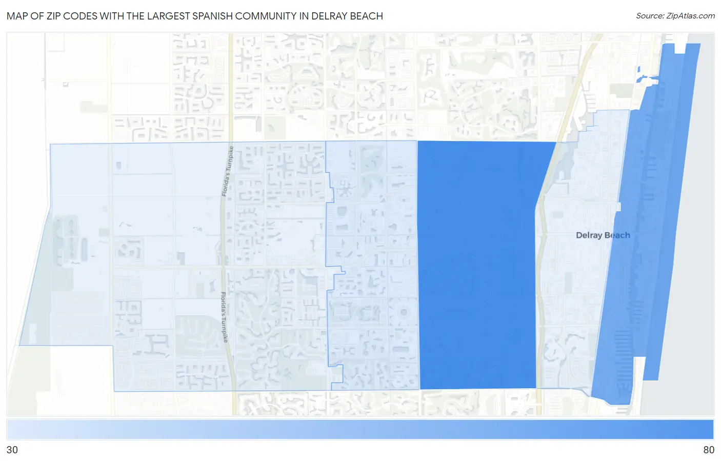 Zip Codes with the Largest Spanish Community in Delray Beach Map