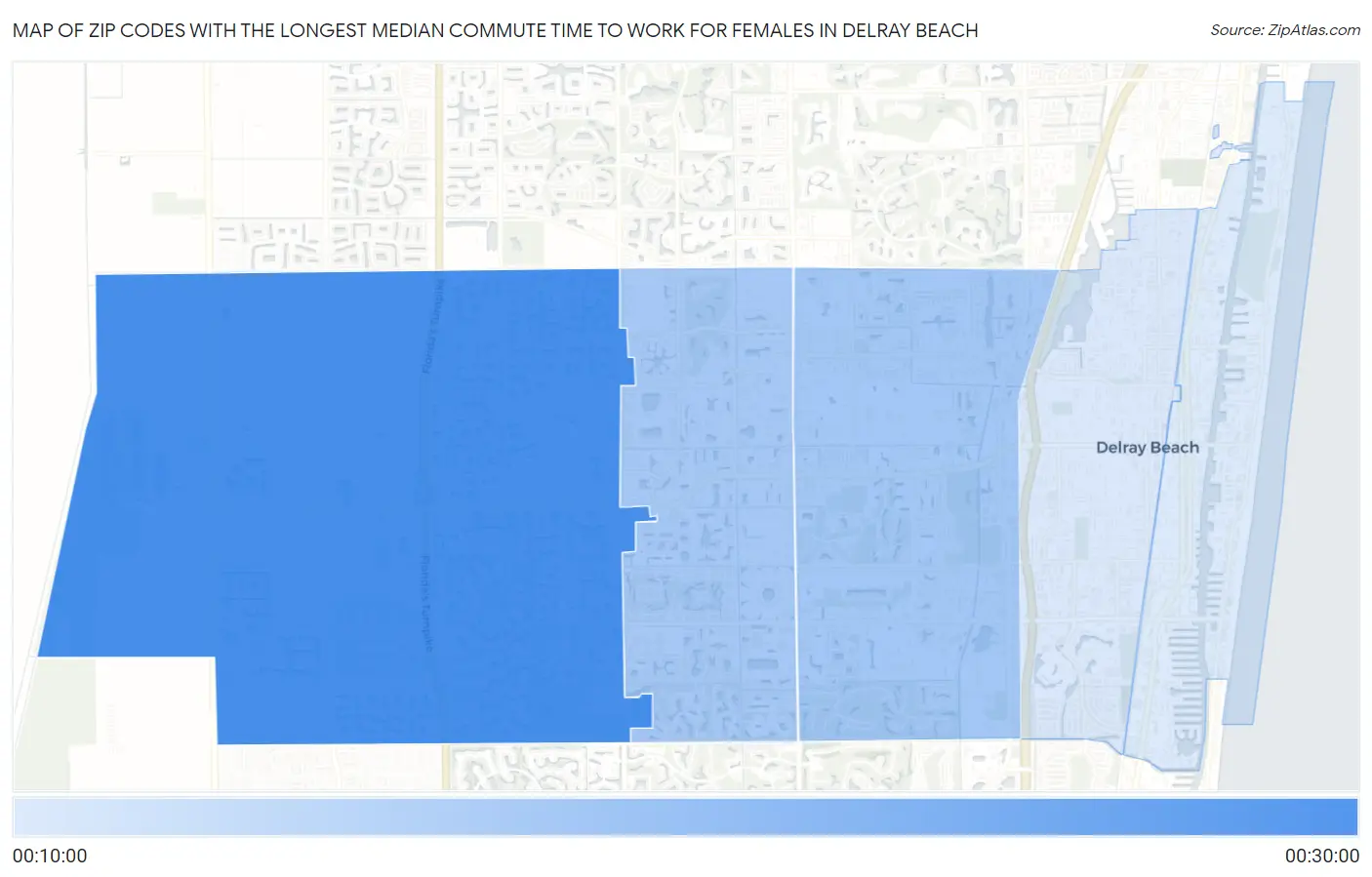 Zip Codes with the Longest Median Commute Time to Work for Females in Delray Beach Map