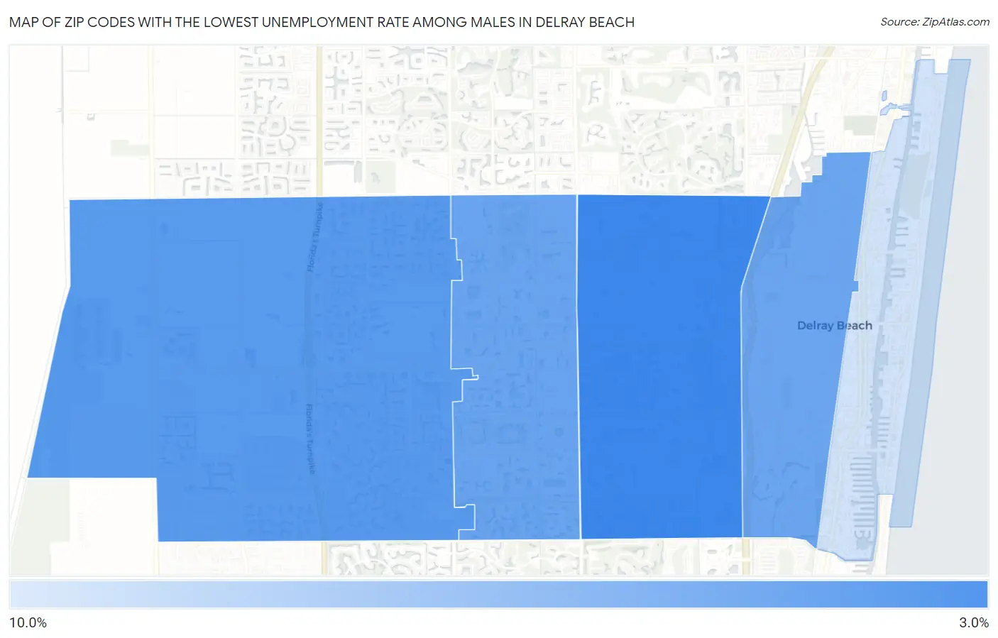 Zip Codes with the Lowest Unemployment Rate Among Males in Delray Beach Map