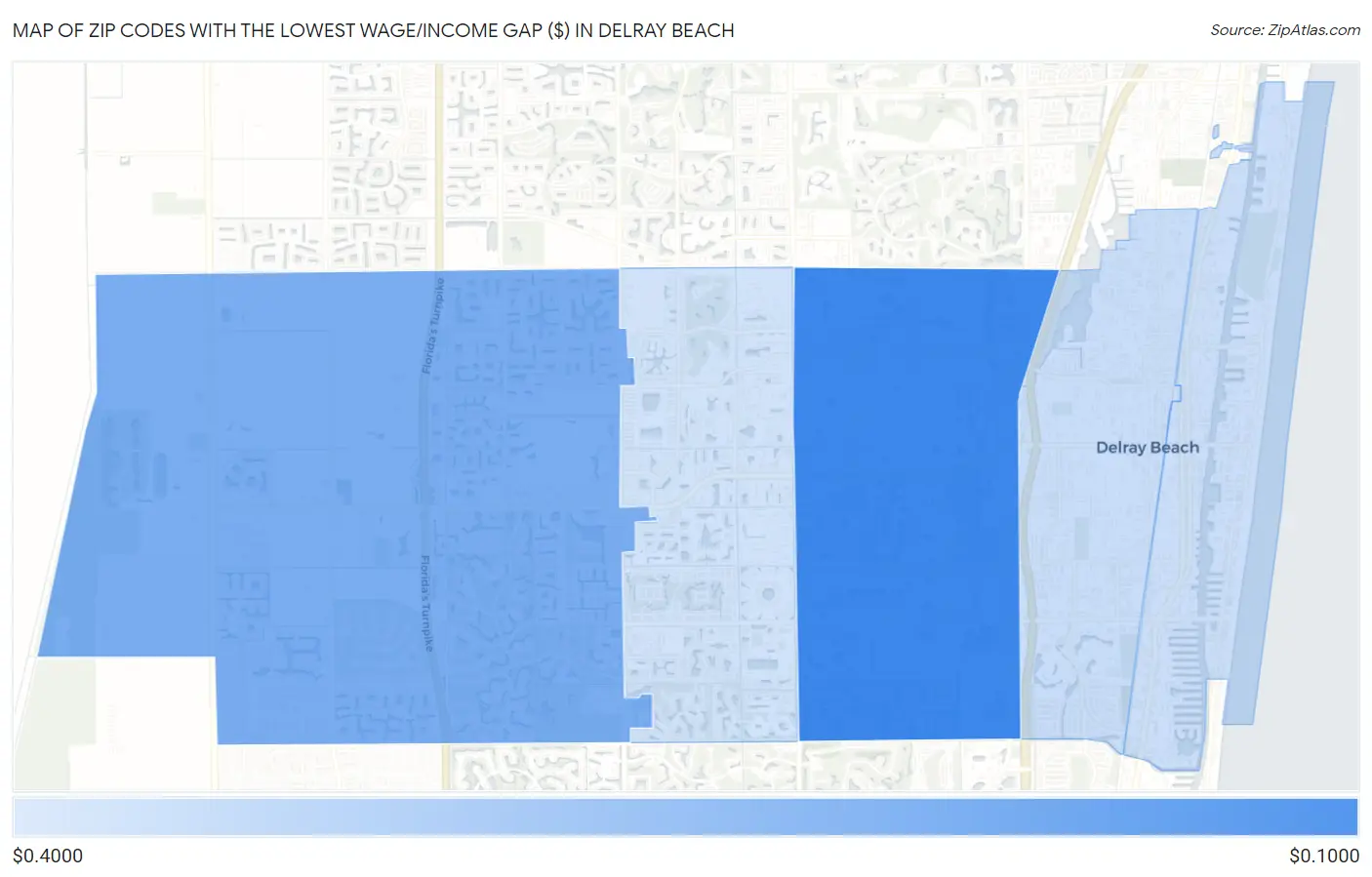 Zip Codes with the Lowest Wage/Income Gap ($) in Delray Beach Map