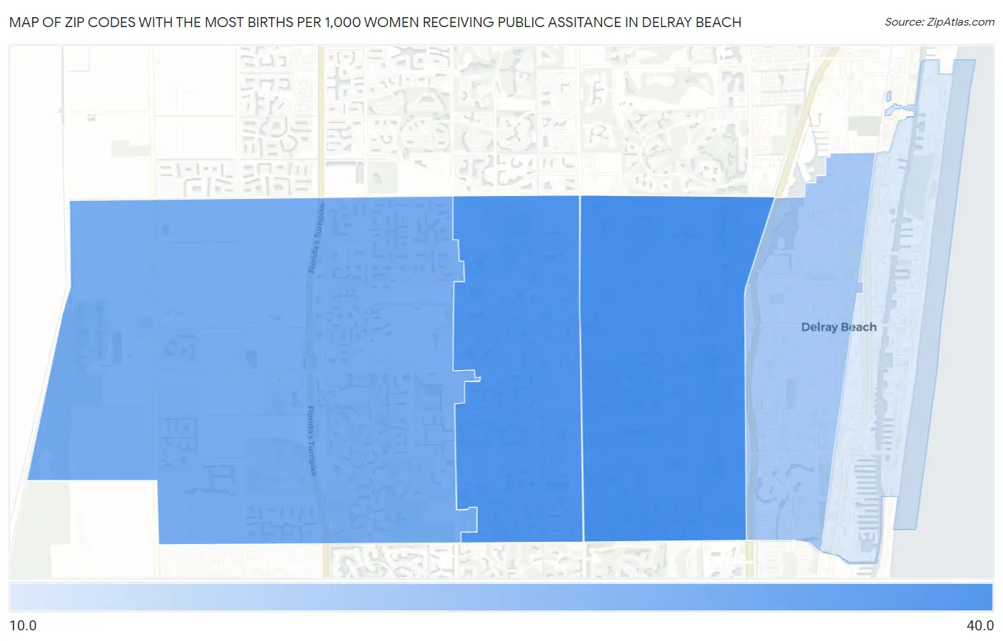 Zip Codes with the Most Births per 1,000 Women Receiving Public Assitance in Delray Beach Map
