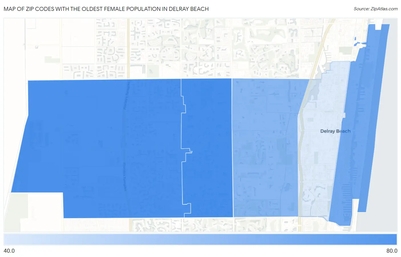 Zip Codes with the Oldest Female Population in Delray Beach Map
