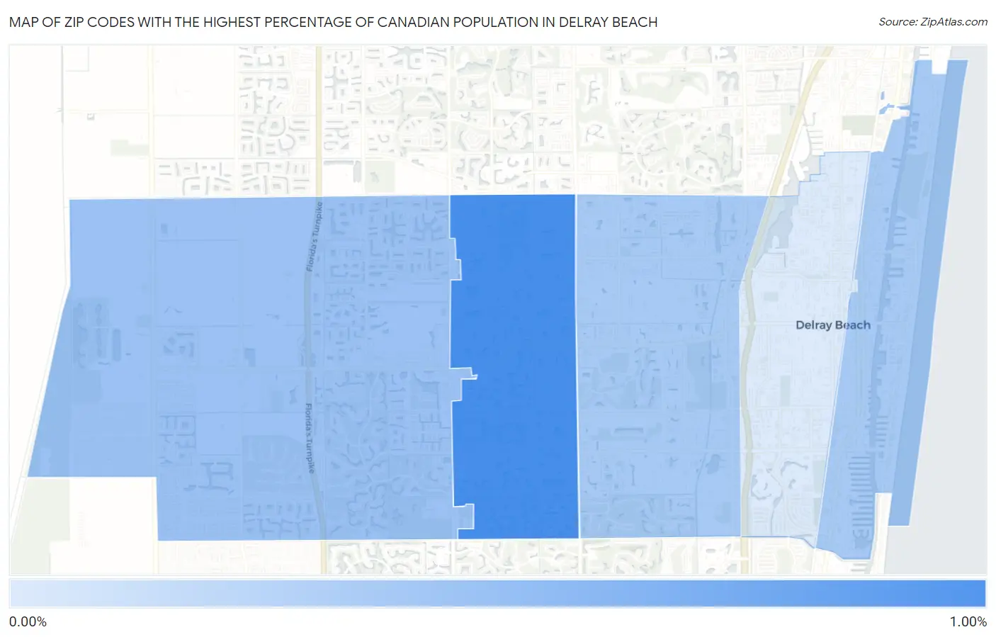 Zip Codes with the Highest Percentage of Canadian Population in Delray Beach Map
