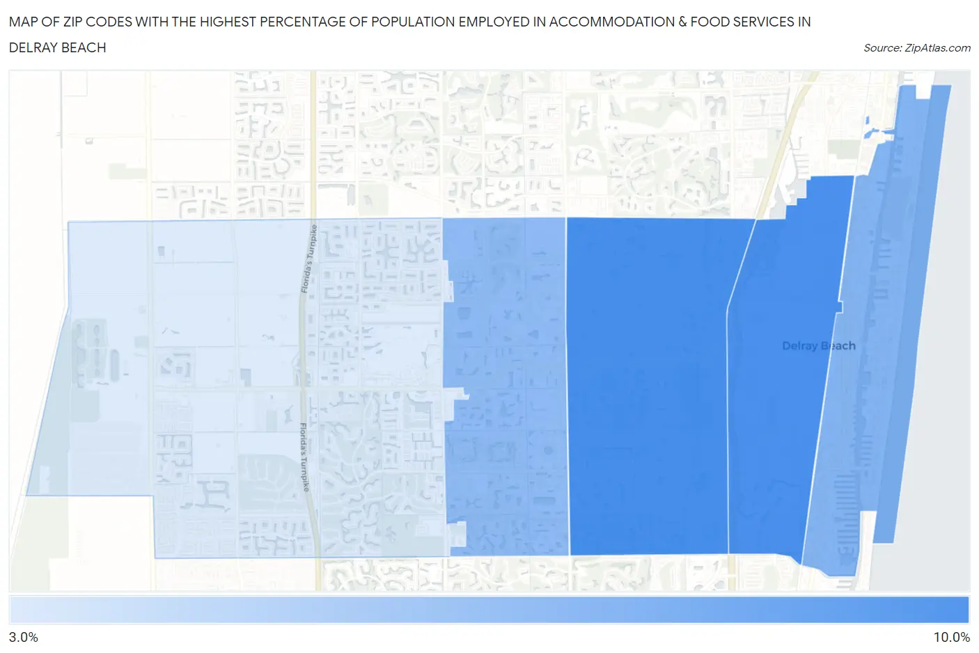 Zip Codes with the Highest Percentage of Population Employed in Accommodation & Food Services in Delray Beach Map