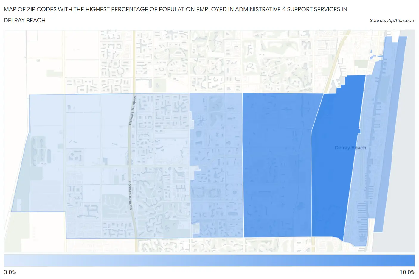 Zip Codes with the Highest Percentage of Population Employed in Administrative & Support Services in Delray Beach Map